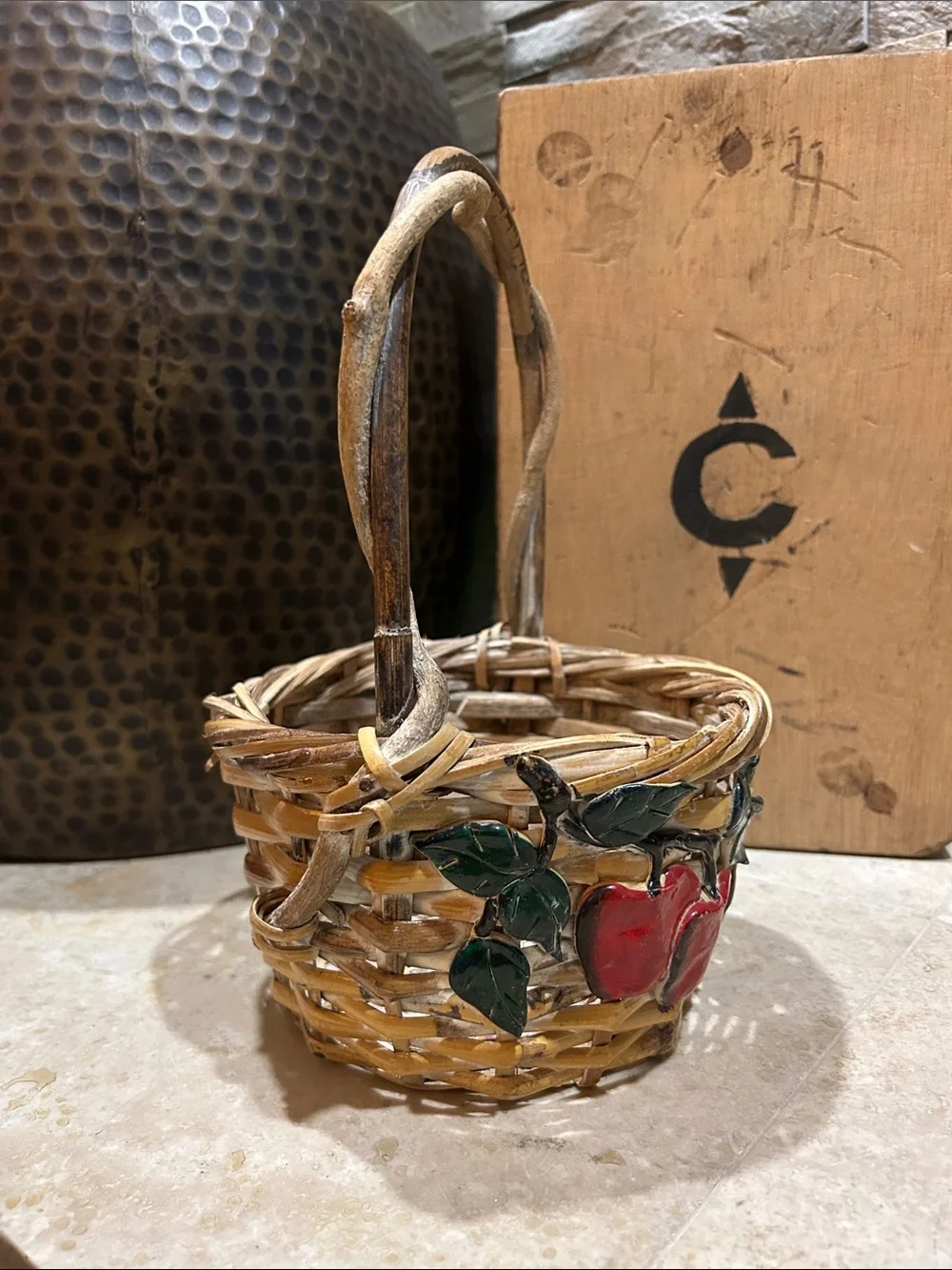 vintage handwoven wicker basket w/ rustic tree limb branch handle & 3D Apples